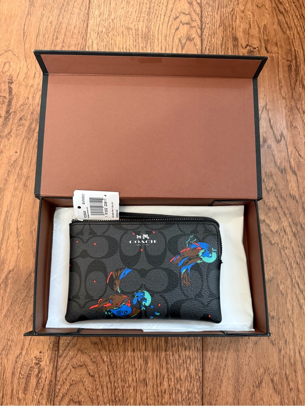 NWT Coach Corner Zip Wristlet Black Smoke Bird Print